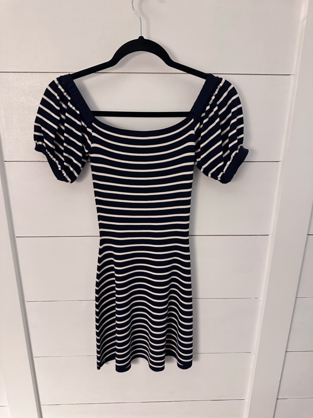 Zara S Junior puff off the shoulder sleeve navy-white stripe stretch midi dress - Picture 3 of 11